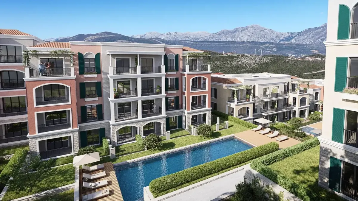 One bedroom apartment under construction with pool view, Lustica Bay Centrale, Tivat — property view 2